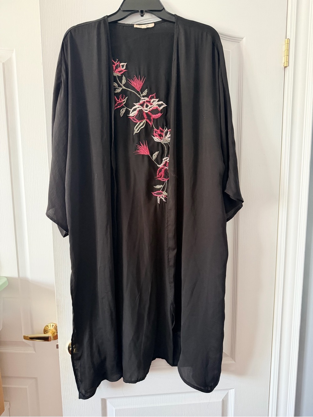Honey Belle Black with Floral Embroidered Open Front Kimono Duster Jacket